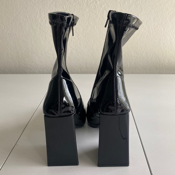 Anne Michelle Womens Glossy Heels Chunky Square Size 6 Ankle Zip Up Black NEW - Picture 2 of 10